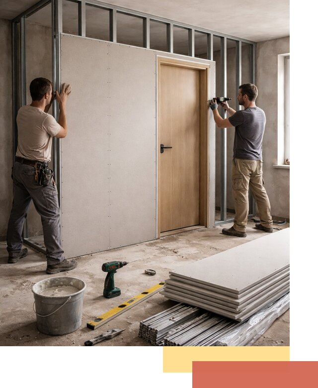 Перегородка из гипсокартона с дверью под ключ в Саянске