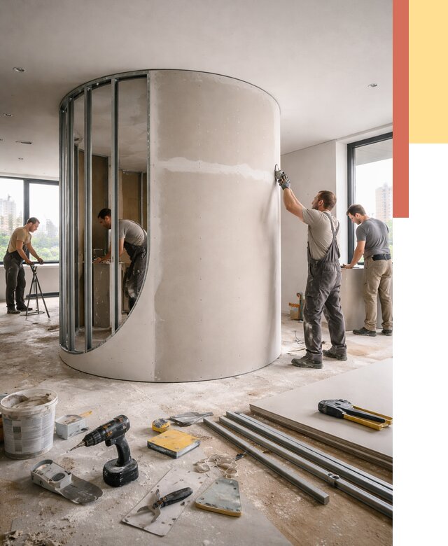 Радиусная перегородка из гипсокартона в Саянске от 2950 руб. под ключ | ОТДЕЛОЧНИК-Сск