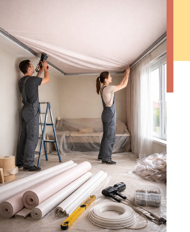 Монтаж цветного натяжного потолка в Саянске от 4273 руб/м² — быстро и недорого | ОТДЕЛОЧНИК-Сск