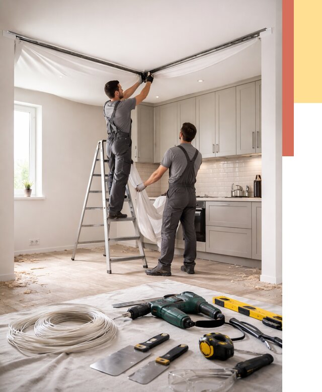 Установка натяжного потолка на кухне в Саянске от 2442 руб. | ОТДЕЛОЧНИК-Сск