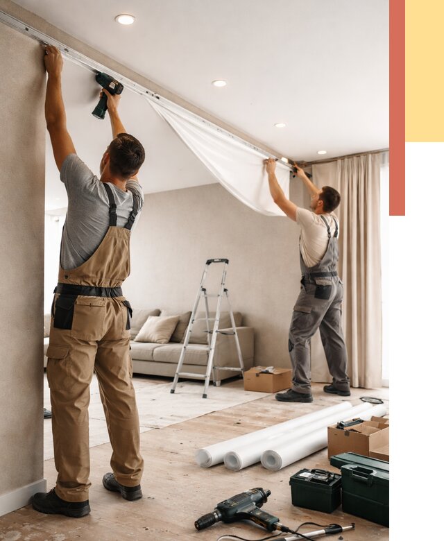 Монтаж натяжного потолка в гостиной в Саянске от 560 руб. | ОТДЕЛОЧНИК-Сск