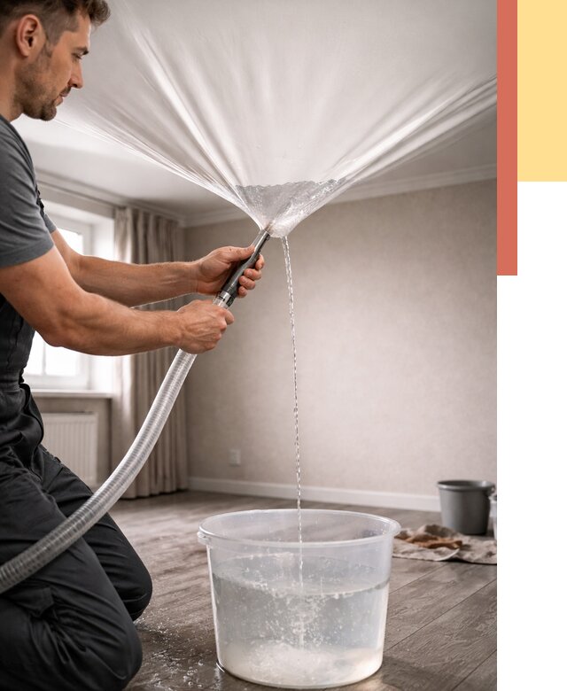 Слив воды с натяжного потолка в Саянске от 2544 руб. быстро и недорого | ОТДЕЛОЧНИК-Сск