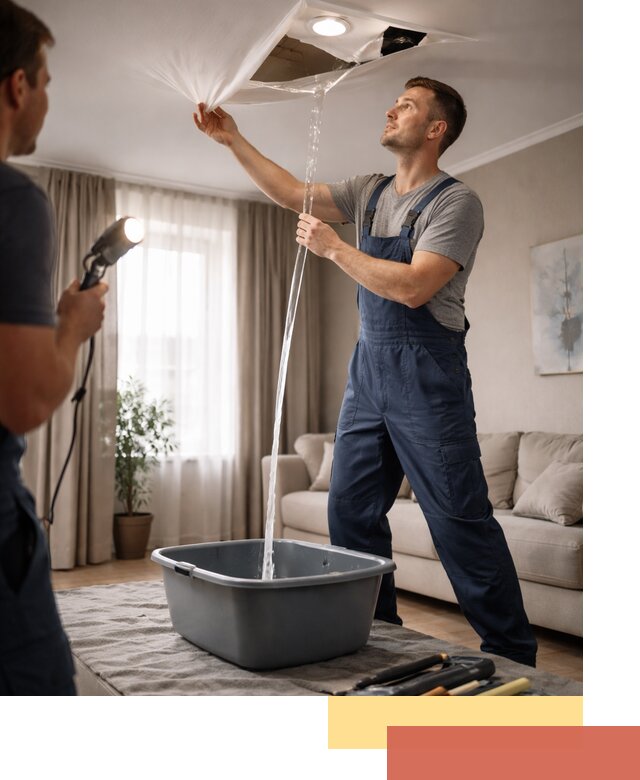 Слив воды с натяжного потолка в Саянске быстро и аккуратно