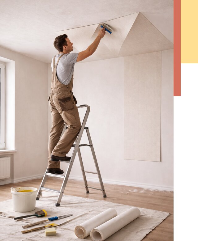 Поклейка обоев на потолок в Саянске от 4578 руб. быстро и недорого | ОТДЕЛОЧНИК-Сск